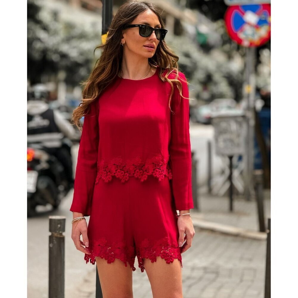 NWT Zara Woman Red Guipure Lace Trim Romper Size XS